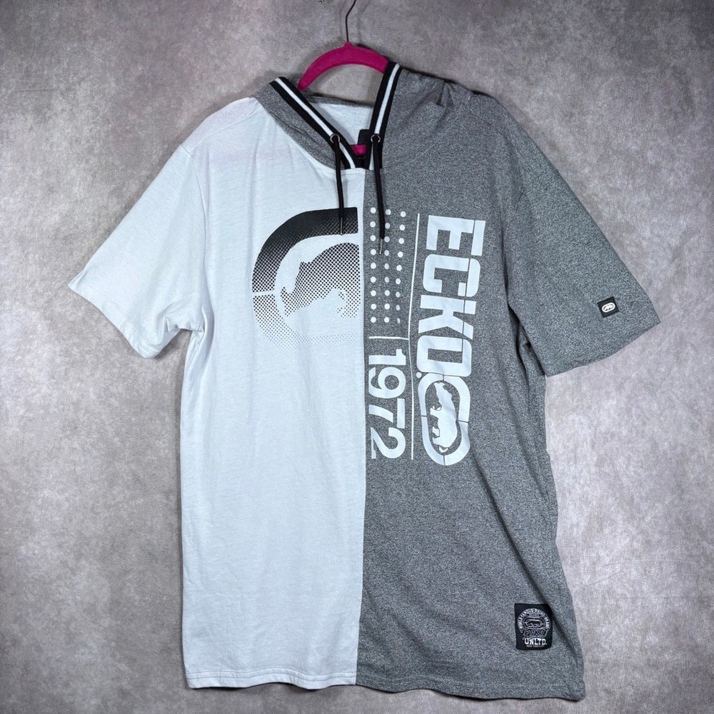 Ecko Unltd Hooded Shirt Mens XL Gray White Rhino Graphic Split Colorblock Street